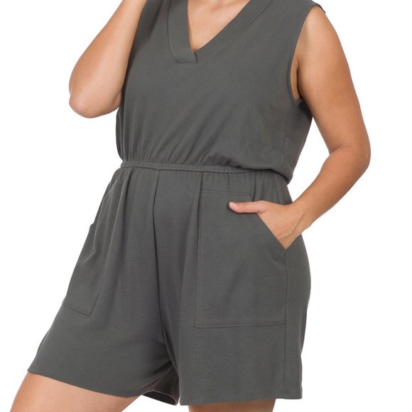 Zenana Outfitters Pants - PLUS COTTON SLEEVELESS ROMPER WITH POCKETS